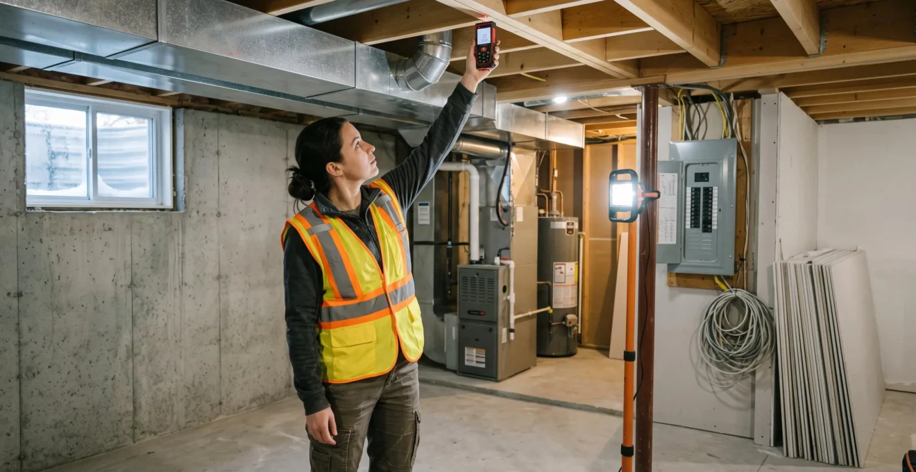 Building inspector measuring basement ceiling height with laser distance meter in Ottawa residential basement with exposed joists and mechanical systems