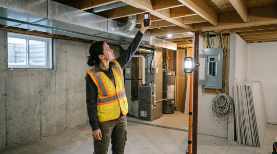 Building inspector measuring basement ceiling height with laser distance meter in Ottawa residential basement with exposed joists and mechanical systems