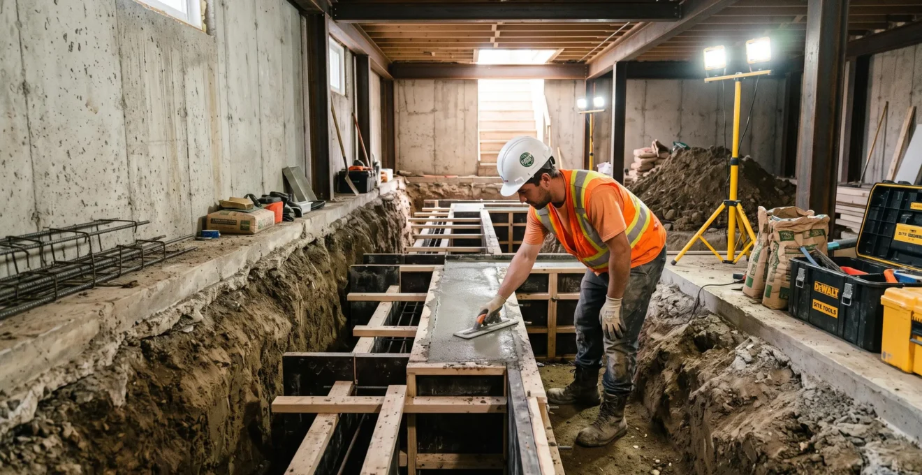 Construction worker installing concrete underpinning to lower basement floor and increase ceiling height in Ottawa renovation project