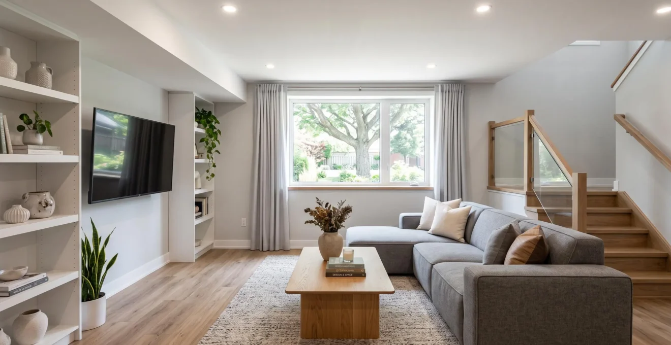 Modern finished basement family room with code-compliant ceiling height, recessed lighting, and contemporary furnishings in Ottawa home